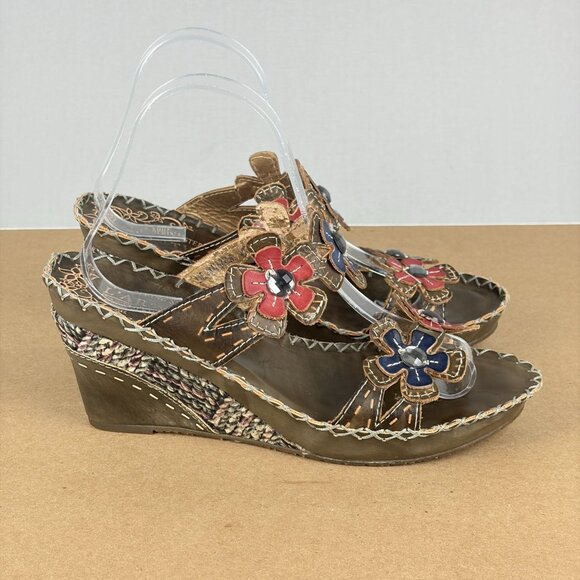 Spring Step L'Artiste Deandrea Leather Floral Wedge Sandals Womens 9 EU 40 Brown - Picture 3 of 11